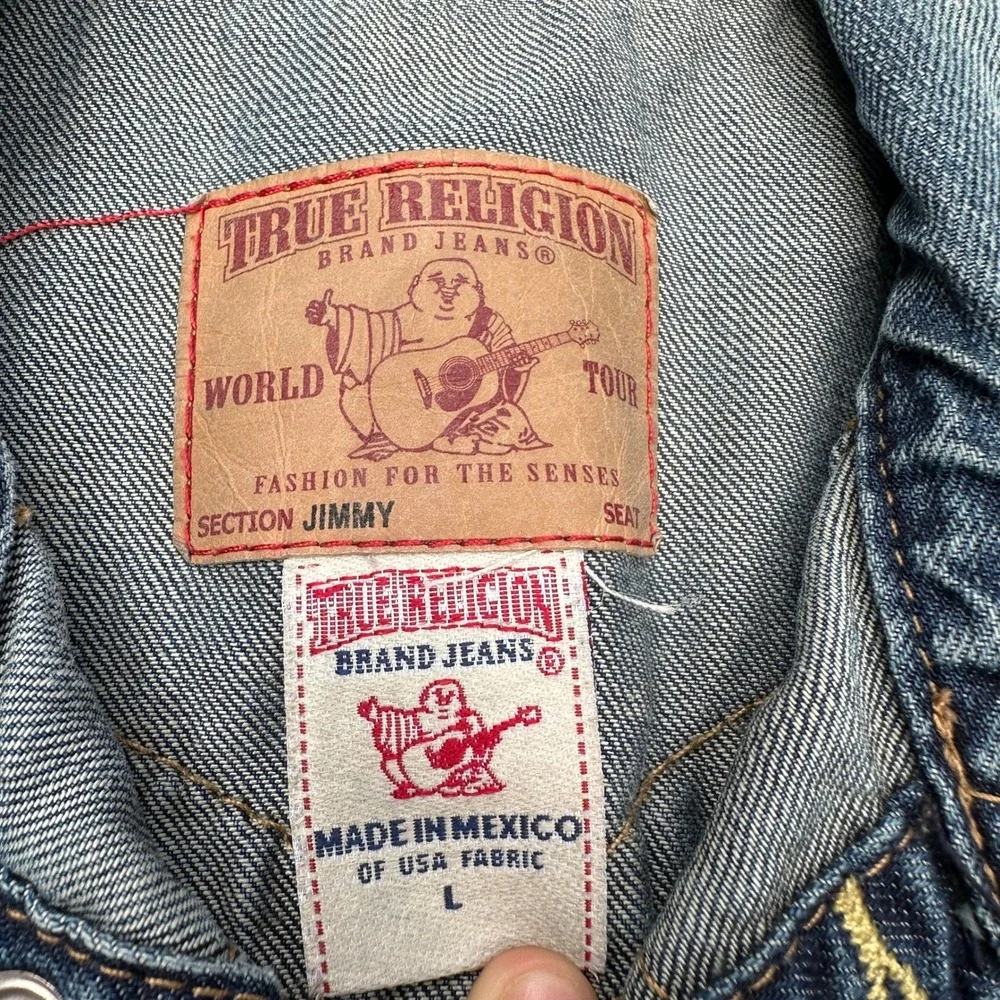 True Religion Jimmy Denim Jacket Mens Large Blue Trucker Faded Horseshoe Stitch